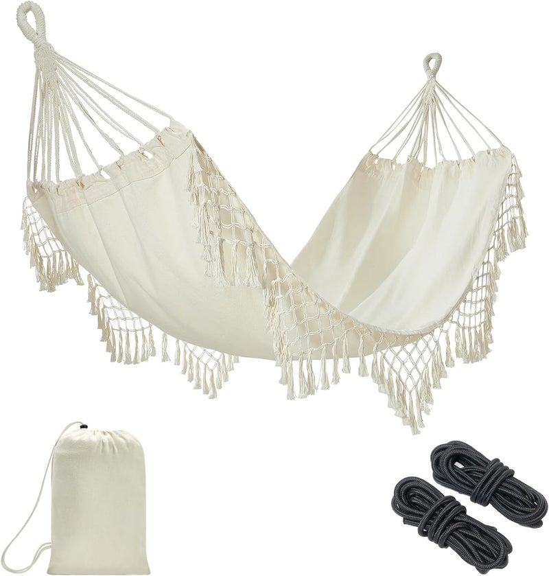 JoyView Boho Macrame Single Hammock with Hanging Ropes & Elegant Tassels 78.8x39.4 Portable Cotton Hammock for Patio Backyard Porch 300LBS Weight Capacity Perfect for Outdoor/Indoor - Beige Color - Image 1